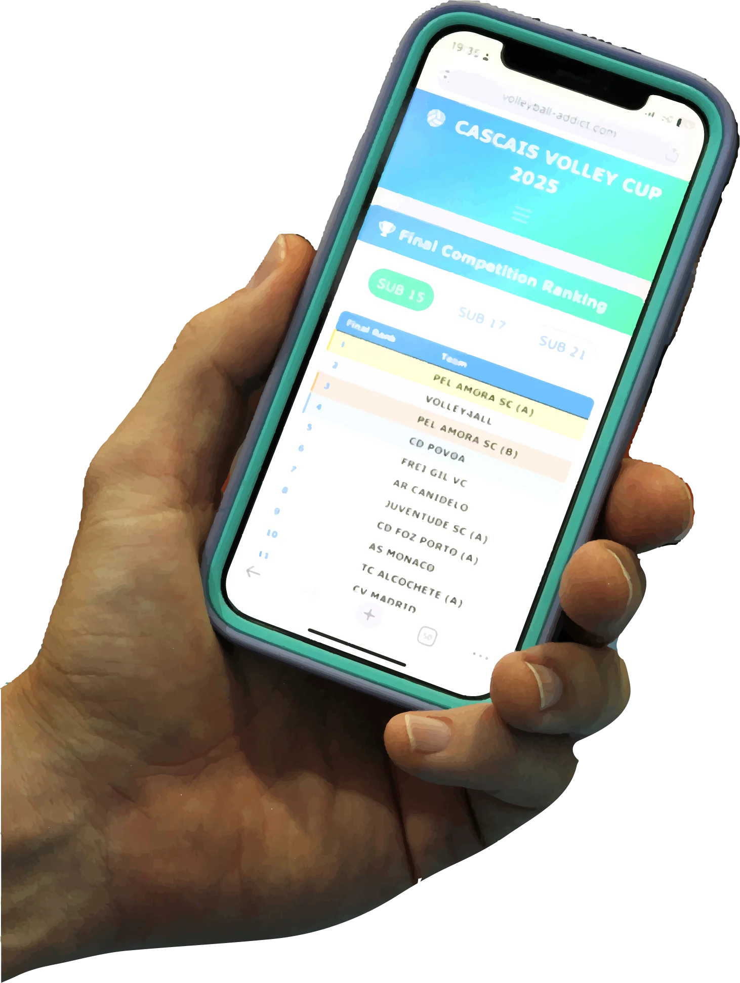 Cascais Volley Cup app displayed on a mobile phone
