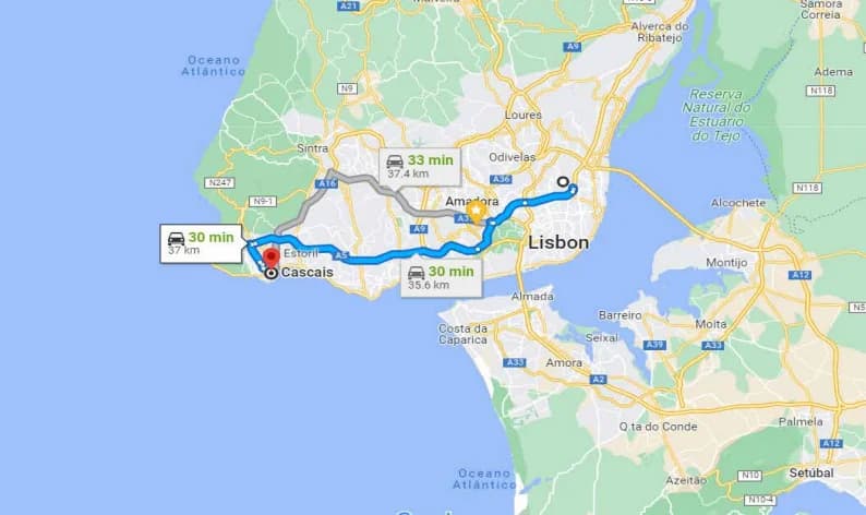 Mapa mostrando a rota de Lisboa para Cascais
